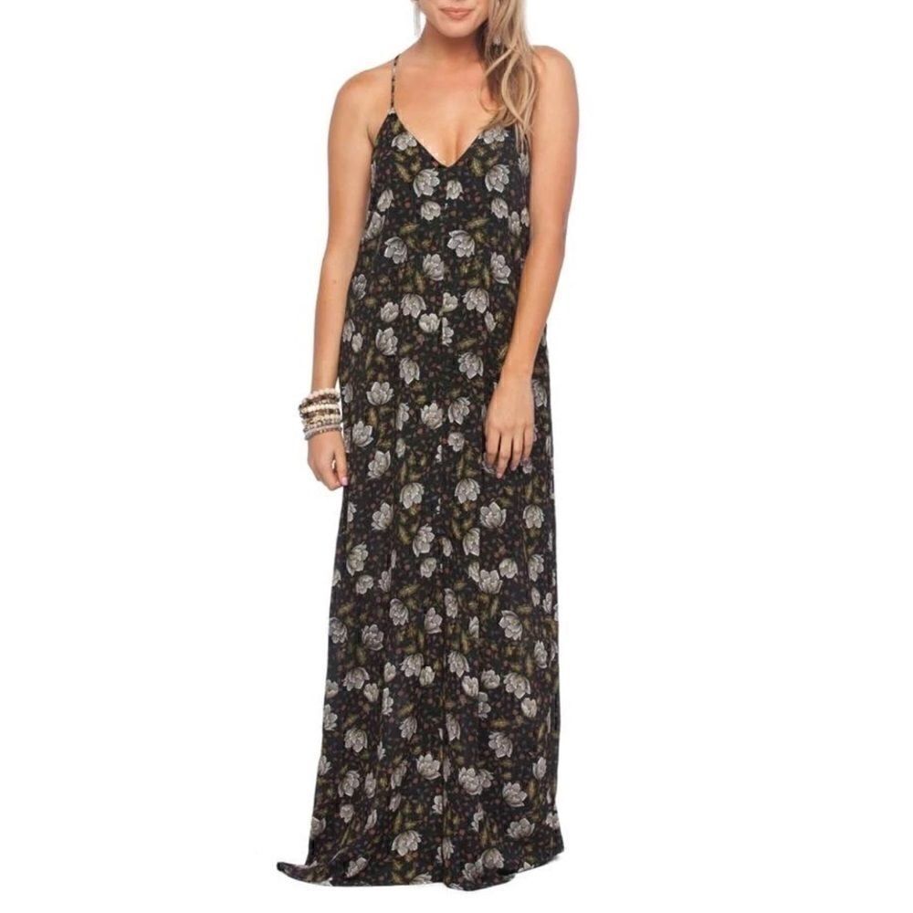 Smell The Roses Spaghetti Strap Floral V Neck Halter Back Maxi Dress Size Small